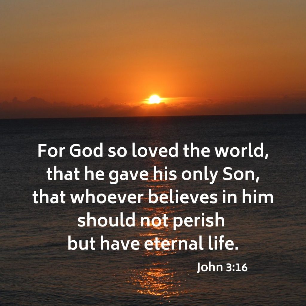 The Gospel: For God so loved the world, that he gave his only Son, that whoever believes in him should not perish but have eternal life.